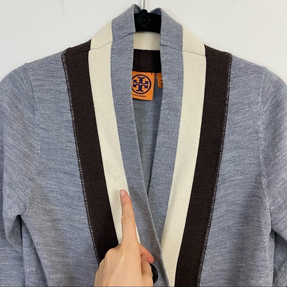 Tory Burch Caz Cardigan 100% Wool Grey Chimney Melange Colorblock Stripe Gray XS - Picture 2 of 8